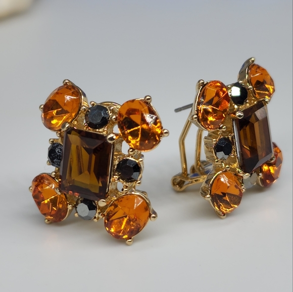 American Vintage Earrings /Clips Statement Chocolate Gold Crystals - Picture 1 of 8
